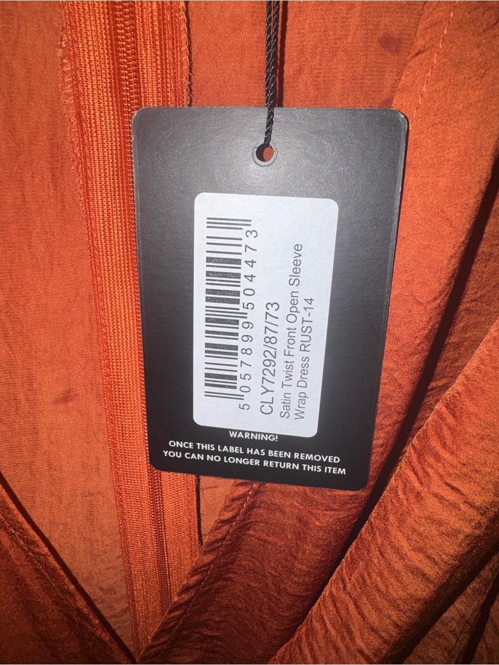 PrettyLittleThing  Satin Rust Orange Long Split Sleeve Twist-Front Dress - Picture 5 of 5